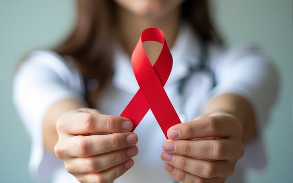 Woman holding red ribbon for december world aids day. Healthcare concept. High quality