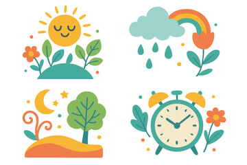 Colorful abstract illustration set of nature and time. Day, night, sun, moon, tree. Weather with cloud, rain, rainbow. Morning alarm clock. Cute vector cartoon icons.