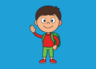 Cartoon boy with backpack waving hello on a blue background illustration