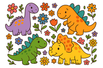 Cute cartoon dinosaurs set. Baby dino characters with flowers. Vector illustration for kids. Prehistoric animals collection. Funny smiling T-rex, triceratops, brontosaurus.