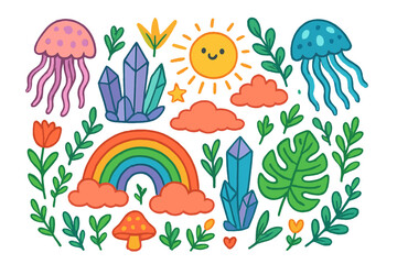Cute cartoon vector set with whimsical nature and fantasy elements. Colorful doodle collection of icons for kids. Includes rainbow, smiling sun, jellyfish, magic crystal, plants.