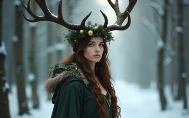 Mystic maiden adorned with antlers and forest elements in a snowy woods. Pagan winter deity. New Year, Yule, Christmas concept. Design for fantasy poster, art print, or book cover. High quality