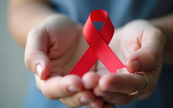 Hand holding Red Ribbon for December World Aids Day (acquired immune deficiency syndrome), multiple myeloma Cancer Awareness month and National Red ribbon week. Healthcare and world cancer day concept
