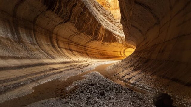 Narrow canyon sandstone rock natural desert landscape geological formation dry riverbed textured wall erosion pattern warm tones sunlight curved rock smooth curved walls warm light serene captivating