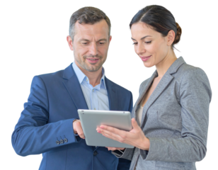 Business Professionals Discussing Documents While Waiting to Board, Transparent Background.