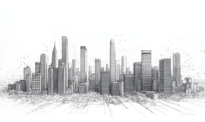 detailed city skyline sketch featuring an array of urban buildings, high-rises, and architectural structures, highlighting the dynamic growth and architectural development of modern, Generative AI