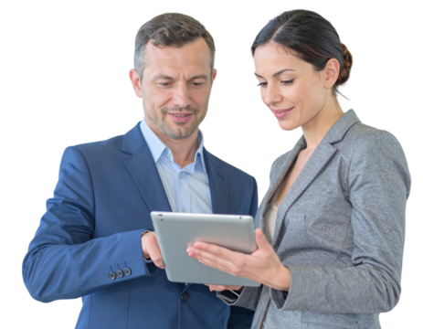 Business Professionals Discussing Documents While Waiting to Board, Transparent Background.