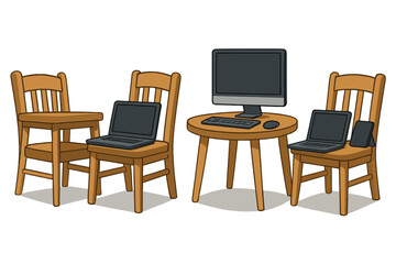Remote work digital workspace with laptops on chairs, computer on table. Makeshift home office, freelance or co-working space concept. Bad ergonomics vector illustration set.