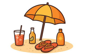 Summer beach vacation essentials concept. Vector illustration of relaxing day items: parasol, cocktail, beer, sunscreen and flip-flops on sand. Holiday travel icon set.