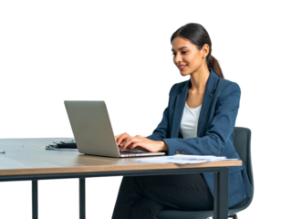 Professional Woman Working on Laptop at Desk, Transparent PNG.