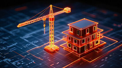 Digital construction site with crane and building model on blueprint background