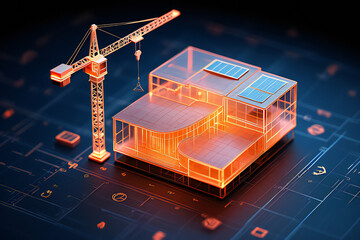 A futuristic house is under construction with a crane near the building