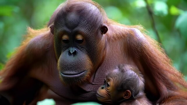 A heartwarming close-up shot of an orangutan mother tenderly embracing her baby in their natural, vibrant green rainforest habitat