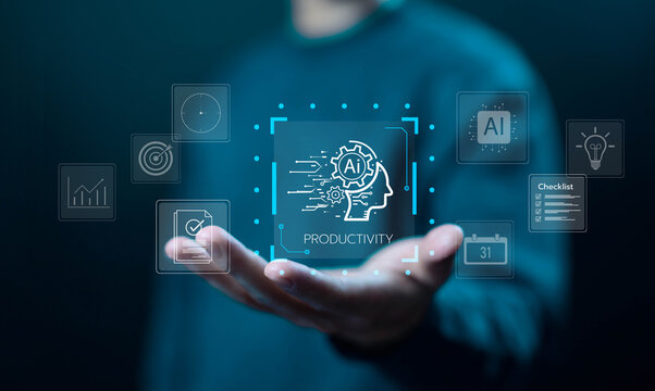 AI productivity concept. artificial intelligence icon floating above hand, symbolizing efficiency, smart automation, digital workflow optimization, time management, and business growth. smart ai
