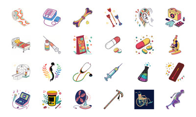 Fototapeta premium Medical Equipment and Healthcare Vector Icons – Stethoscope, Syringe, Pills, Microscope, MRI Machine, Wheelchair, Thermometer, Crutches, Hospital Bed, Medicine Tools, Colorful Healthcare Clipart Illus