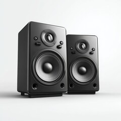 Two black computer speakers on a white background