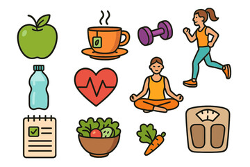 Various health and wellness icons showcasing fitness activities, nutrition, hydration, mindfulness, and body care tools for a balanced lifestyle, vector cartoon illustration