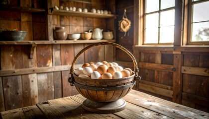 Fototapeta premium Rustic eggs in wooden basket