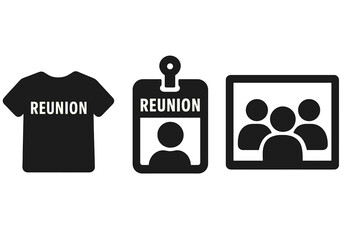 Commemorative reunion icon set. Vector symbols for family, class, or alumni gathering. Solid glyph icons of t-shirt, ID badge, and group photo for a special event.