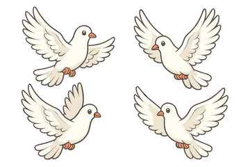 Obraz premium White doves in flight with graceful wings and serene presence, minimalist style vector cartoon illustration, peaceful birds soaring against transparent background, freedom and tranquility symbol