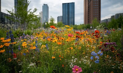 lush urban green space flourishing with vibrant wildflowers, showcasing biodiversity within the concrete jungle of a bustling city center, symbolizing the resilience of nature in urban, Generative AI