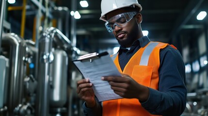 Safety inspection action by industrial worker manufacturing facility image capture controlled environment close-up view workplace compliance