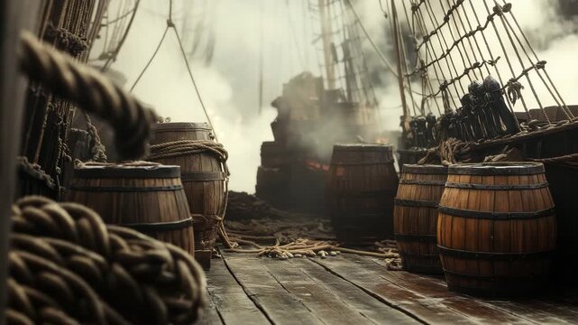 Wooden barrel and thick rope on vintage wooden deck of old sailing ship with mast and rigging, creating mysterious maritime atmosphere filled with historic nautical elements and soft mist