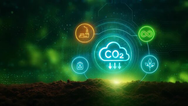 Sustainable energy and environmental technology concept with glowing CO2 reduction cloud, renewable energy, recycling, and green growth.