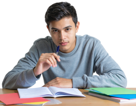 Student Sitting at Desk Reading Exam Notes with Pen in Hand, isolated transparent background png