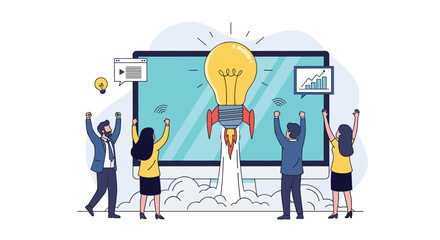Successful business startup launch with innovative idea represented by a glowing light bulb ascending like a rocket