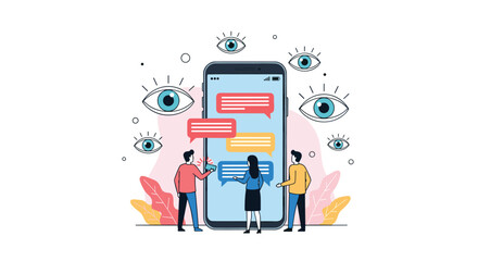 People chatting on a smartphone screen with many eyes watching them from all sides showing the concept of digital surveillance and online monitoring