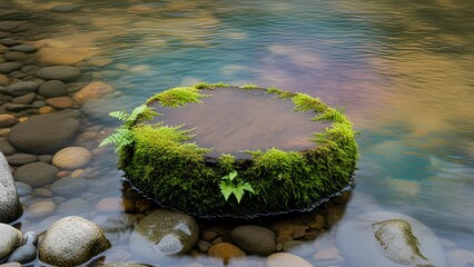 Mossy Tree Stump Floating in a Serene River with Pebbles
