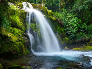 Fototapeta premium Waterfall in green forest promoting mindfulness and ecological balance Educational image of waterfall for youth-focused nature awareness