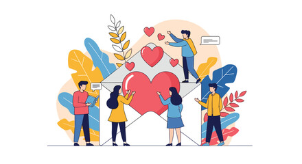 A group of people sending and receiving love letters and hearts in a warm and friendly atmosphere illustrating connection and affection