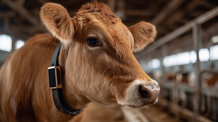 Close-up of a brown cow in a barn, showcasing its calm demeanor and soft features amidst a rustic setting.
