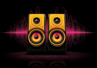 Pair of yellow speakers, sound waves