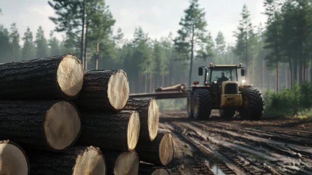 Stacked logs in forest with tractor on muddy dirt road showcasing timber, pine trees, logging wood industry, and dirt road mud under cloudy sky capturing serene industrious outdoor scene