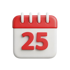 Red and white calendar showing the 25th day isolated on transparent background