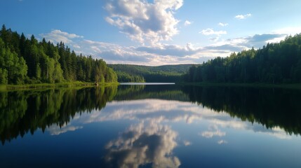 Fototapeta premium Tranquil lake reflection serene forest nature photography calm environment wide view serenity and beauty