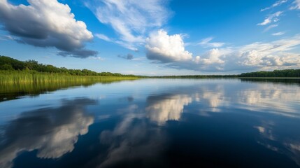 Fototapeta premium Serene reflection of clouds over tranquil lake nature landscape scenic viewpoint calm environment photography