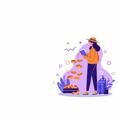 Woman foraging mushrooms while standing in a colorful forest  