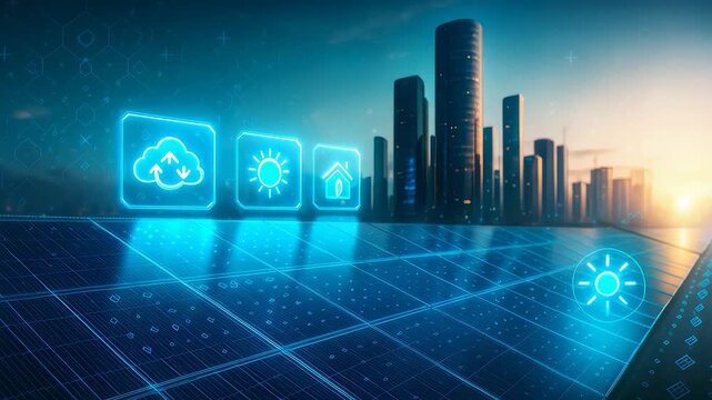 Solar panels with futuristic icons overlaid, showcasing green energy solutions for smart cities with a background of modern buildings at sunset.