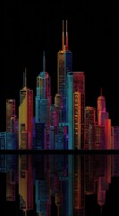 Colorful city skyline reflected in water