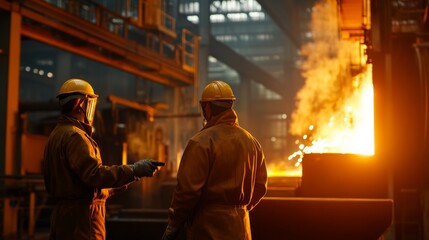 Steel manufacturing process industrial facility action scene workshop close-up view industry innovation