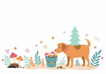 Dog exploring nature with mushrooms and plants in a colorful scene  
