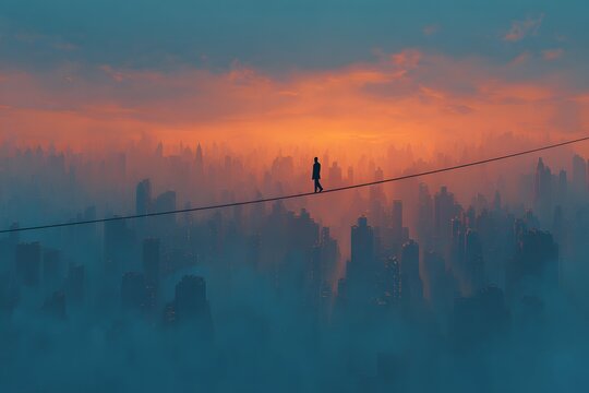 Risk businessperson balances precariously tightrope tense with daring and focus over cityscape