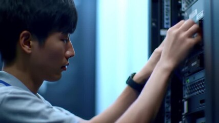 Technician connecting cables in a data center server room - Powered by Adobe