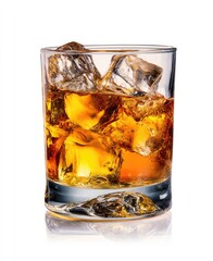 Golden liquid with ice in a glass