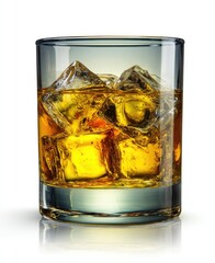 Golden whiskey in a glass with ice