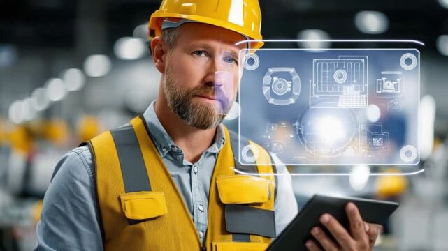 Tech-Savvy Engineer: An industrial engineer, clad in a protective yellow hat and vest, thoughtfully examines technical blueprints on a futuristic tablet. An illustration hovers, enhancing his focus.
